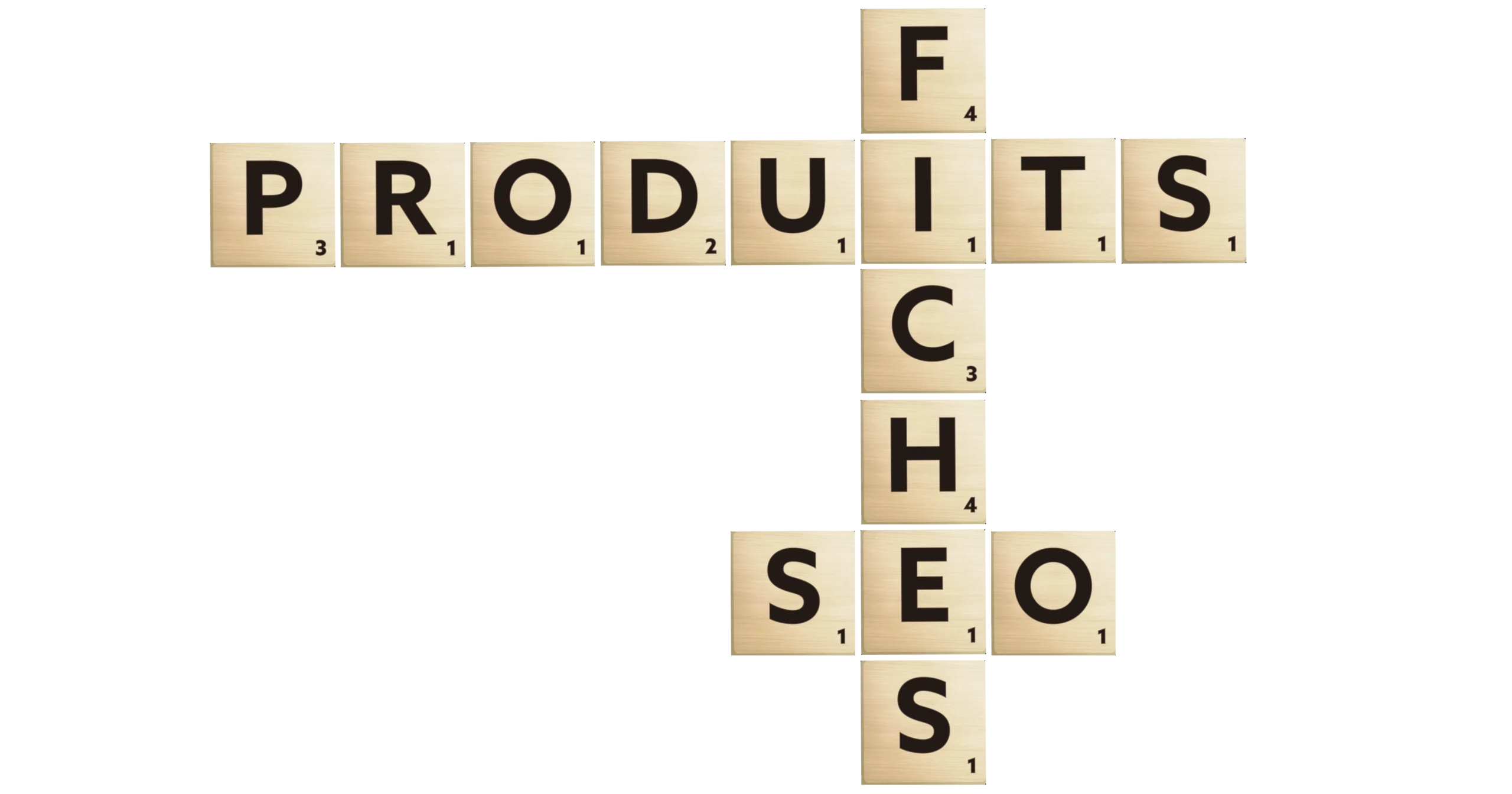 Fiches produits SEO Mots Fiches produits SEO formés par des lettres de scrabble pour illustrer un service de rédaction.